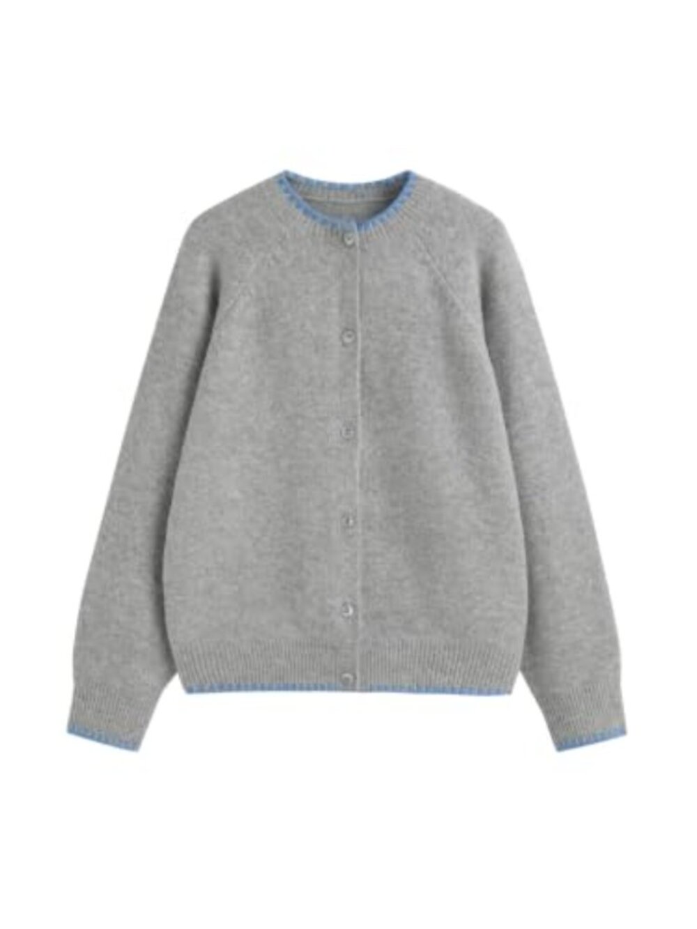 Fuzzy Knit Button Down Cardigan Contrast Trim Crewneck Long Sleeve